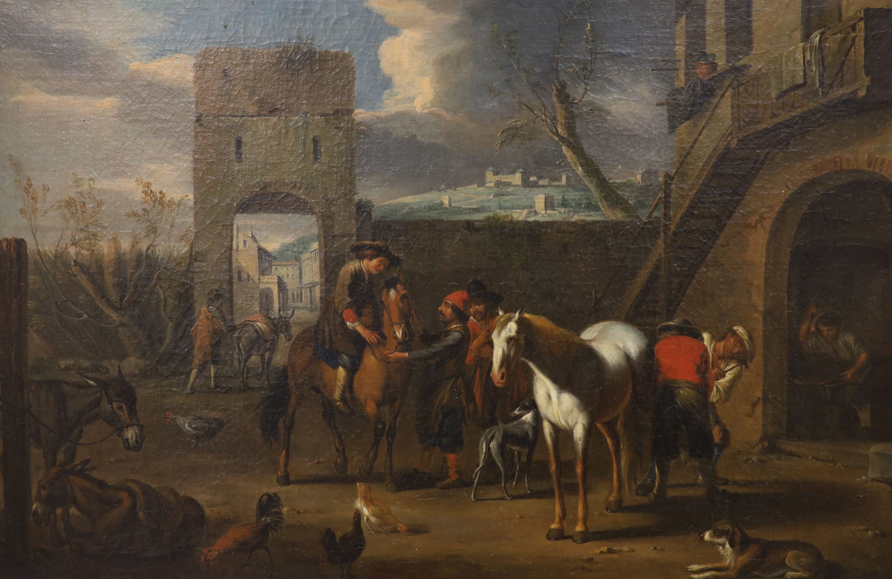 Circle of Jacob de Heusch (1657-1701) Dutch. Travellers at an inn, oil on canvas, 16